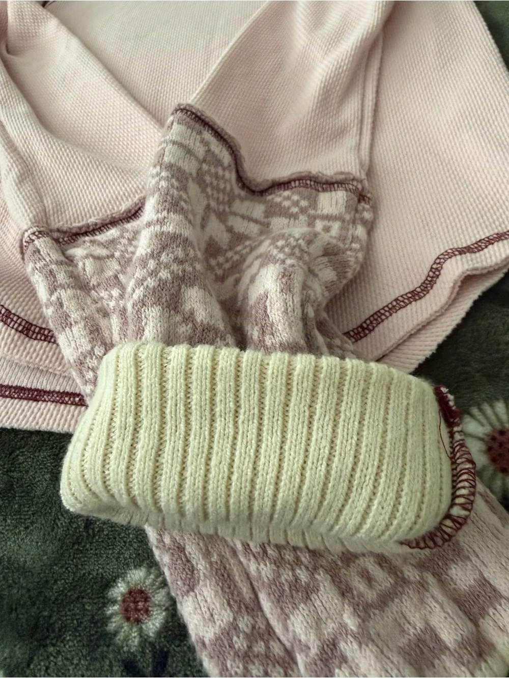 Free People Reversible Pale Pink Long Sleeve Thermal Top with Patterned Cuffs